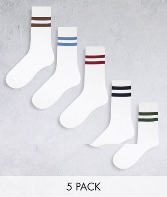 New Look 5 pack socks with sports stripe in white multi