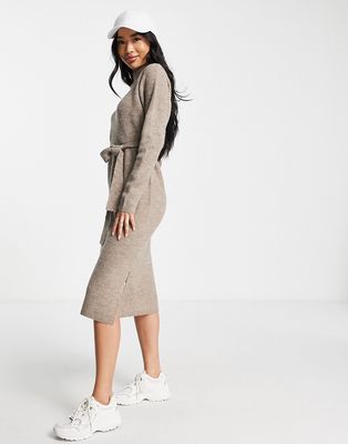 New Look roll neck tie waist knitted dress in mink-Pink