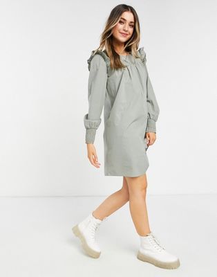 Pieces smock dress with shirred cuff in light green