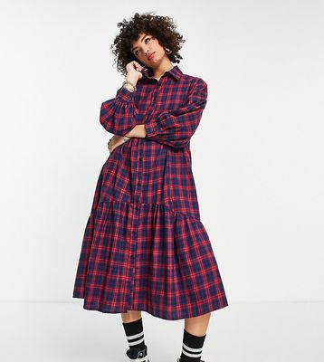 Reclaimed Vintage inspired midi button up smock dress in red plaid-Multi