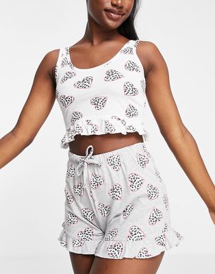 Brave Soul marie heart print crop tank and shorts pajama set in gray and white-Grey