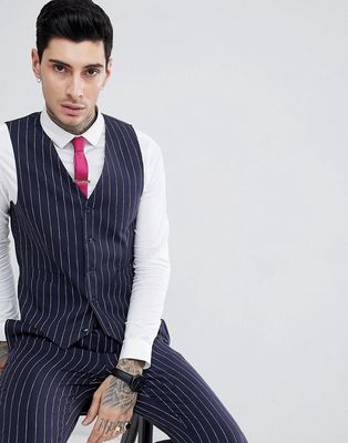 Gianni Feraud Skinny Fit Pinstripe Suit vest-Navy