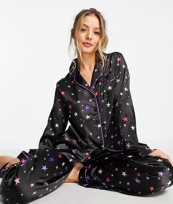 Night 5 piece pajama satin gift set in navy multi star print