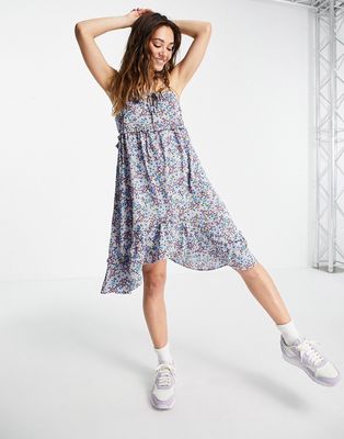 Violet Romance cami strap asymmetric hem mini dress in floral print-Multi