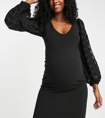 Queen Bee Maternity plunge front midi dress with organza sleeves in black