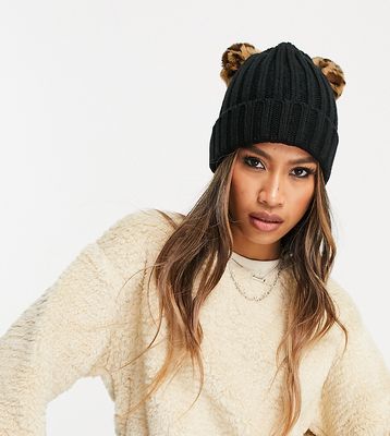My Accessories London Exclusive double leopard pom beanie hat in black