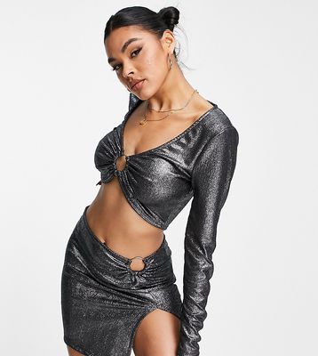 Rebellious Fashion Exclusive ring trim front silt mini skirt in sliver glitter mix - part of a set-Silver