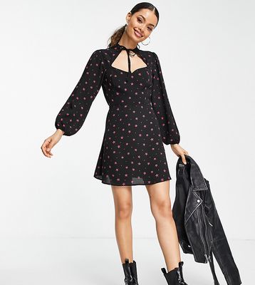 New Look Petite cut out dress with tie neck detail in black and pink star print