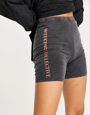 ASOS Weekend Collective legging shorts with logo in washed charcoal-Grey