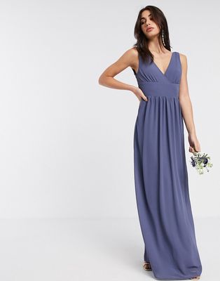 TFNC Bridesmaid top wrap chiffon dress in light blue-Navy