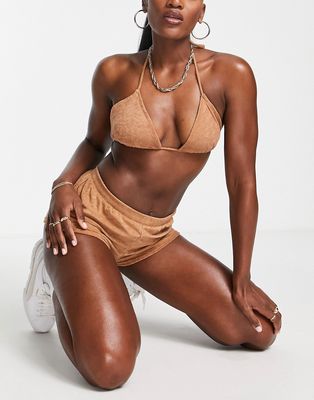 Brave Soul tayla terrycloth lounge set with bralet and shorts in camel-Neutral