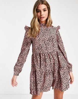 Missguided long sleeve smock dress with frill shoulder in pink