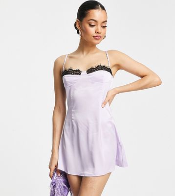 Missguided Petite mini slip dress with lace trim in pink satin