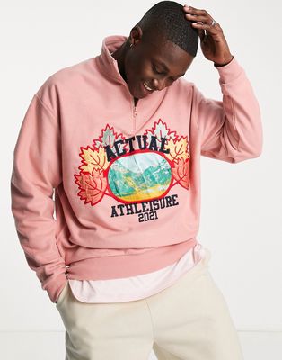 ASOS Actual oversized quarter zip sweatshirt in polar fleece with piping and nature graphic logo in pink - part of a set