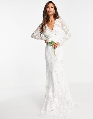 ASOS EDITION Ivy plunge wedding dress with long sleeve in floral embellishment-White