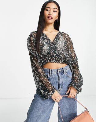 Pull & Bear cropped long sleeve v neck shirred shirt in black floral print