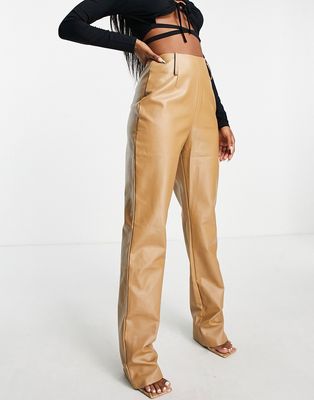 Missyempire exclusive leather look straight leg pants in camel-Neutral