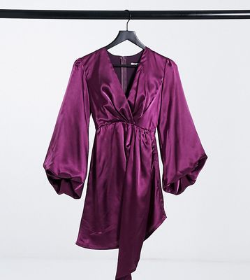Jaded Rose Petite exclusive plunge satin mini dress with balloon sleeve and train detail in plum-Red