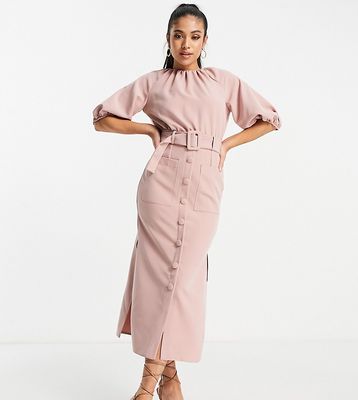 ASOS DESIGN Petite puff sleeve button through belted midi dress in rose-Pink