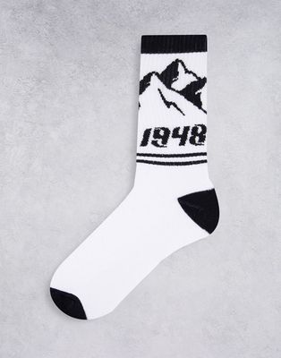ASOS DESIGN mountain scenery sports sock in monochrome-White