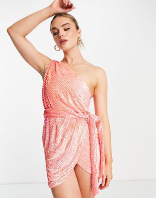 ASOS DESIGN one shoulder embellished mini dress in Pink