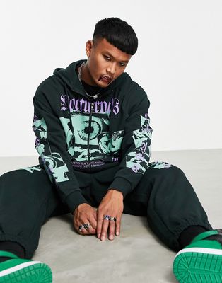 ASOS DESIGN matching oversized zip up hoodie in dark green with photographic prints-Black
