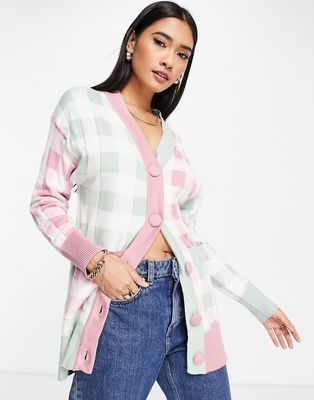 Neon Rose oversized cardigan in color block gingham-Pink