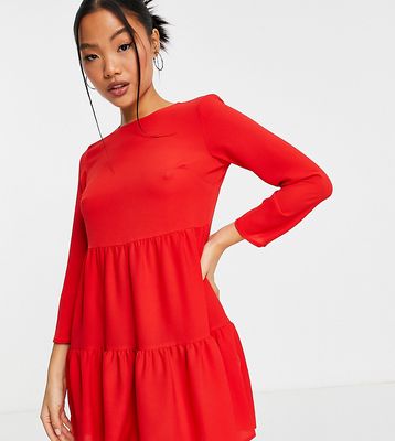 ASOS DESIGN Petite long sleeve tiered smock mini dress in red