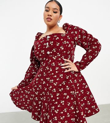 ASOS DESIGN Curve corduroy babydoll mini dress in red print with rhinestone buttons-Multi
