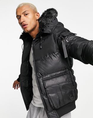 SikSilk distance padded jacket with faux fur hood in black