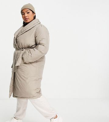 Vila Curve padded wrap coat with belt in stone-Neutral