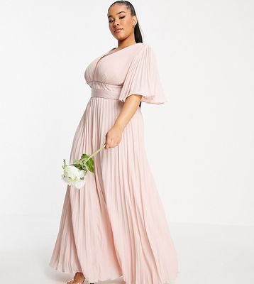 ASOS DESIGN Curve Bridesmaid pleated flutter sleeve maxi dress with satin wrap waist-Pink