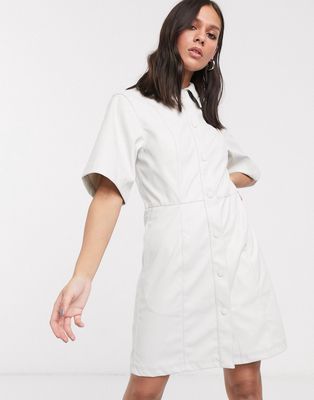 Weekday Savanna faux-leather mini shirt dress in off white