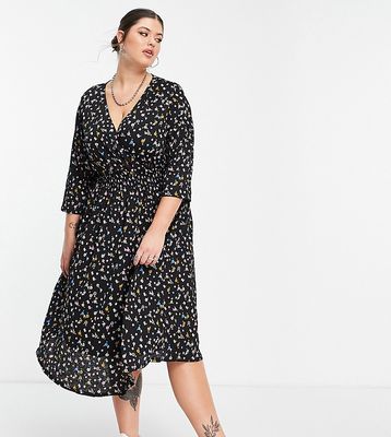 Only Curve midi wrap dress in black floral