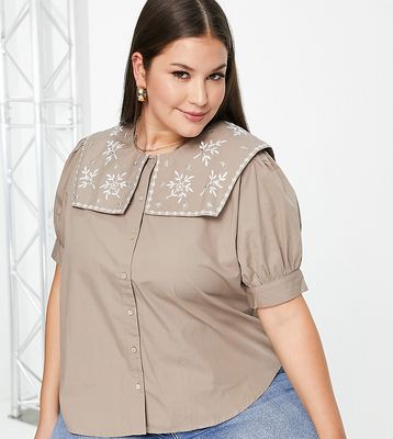 Vila Curve shirt with tabbard embroidered collar in beige-Neutral