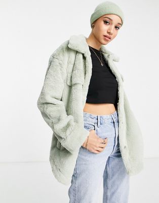 Pieces faux fur shacket in light green-Gray