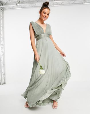 ASOS DESIGN Bridesmaid pleated cami maxi dress with satin wrap waist-Green