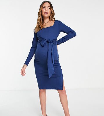 Mamalicious Maternity tie front ribbed jersey dress in blue