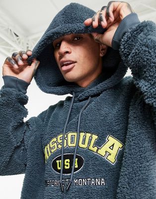 ASOS DESIGN shearling oversized hoodie with Missoula embroidery-Grey