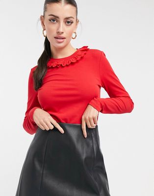 & Other Stories frill neck long sleeve top in red