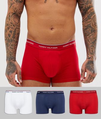 Tommy Hilfiger stretch 3 pack trunks in white/red/navy-Multi