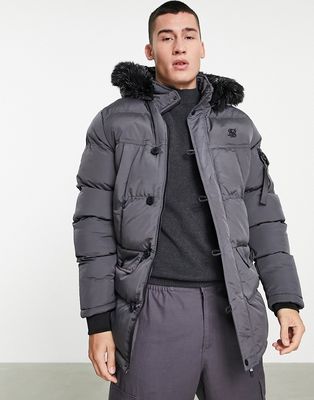 SikSilk puff padded parka with fur hood in gray-Grey