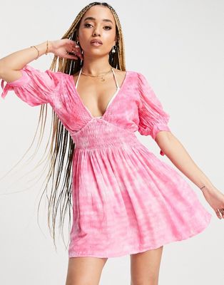 ASOS DESIGN eyelet and crinkle mini beach dress in pink