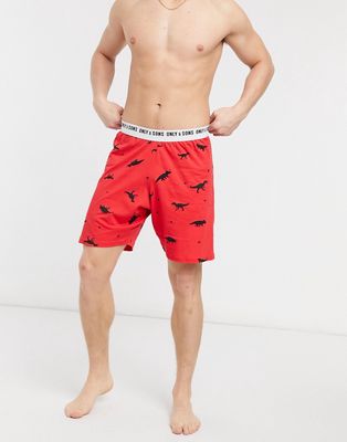 Only & Sons lounge dinosaur shorts with branded waistband in red
