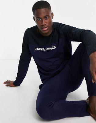 Jack & Jones lounge long sleeve top & bottoms with color block in navy & dark gray-Grey