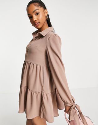 In The Style x Dani Dyer tiered shirt dress with bow detail cuffs in taupe-Neutral