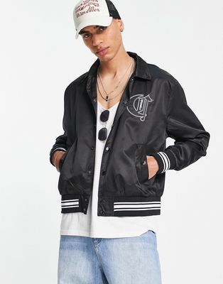 The Couture Club satin bomber jacket with varsity badging in black