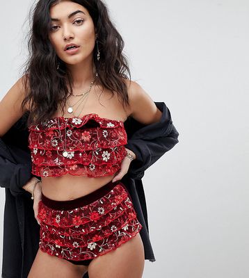 ebonie n ivory Bandeau Crop In 3D Floral Ruffle Two-Piece-Red