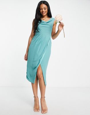 TFNC Bridesmaid chiffon wrap midi dress with cowl neck front and back in sea blue