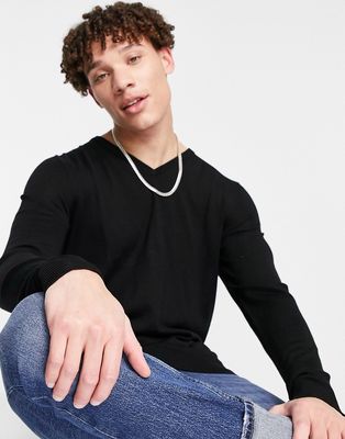 Selected Homme new merino v-neck sweater-Black